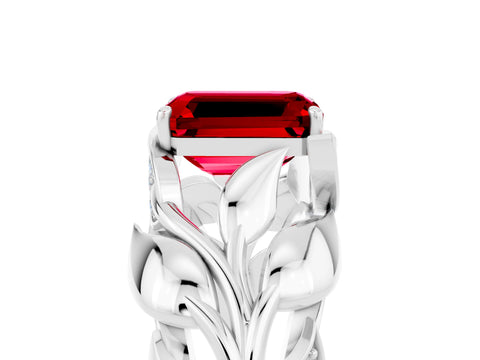 White gold Emerald Cut Solitaire Leaf-Inspired Engagement Ring with Prong Setting_5
