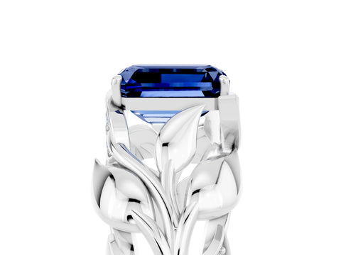 White gold Emerald Cut Solitaire Leaf-Inspired Engagement Ring with Prong Setting_5