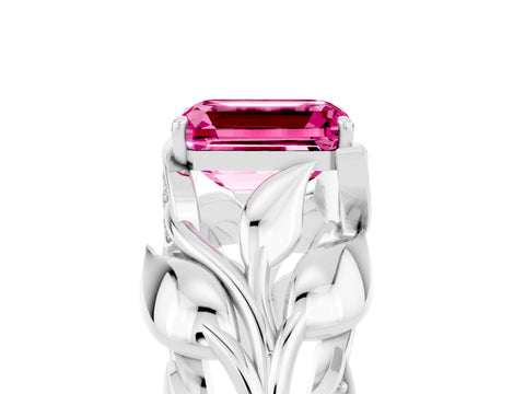 White gold Emerald Cut Solitaire Leaf-Inspired Engagement Ring with Prong Setting_5