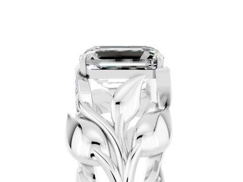 White gold Emerald Cut Solitaire Leaf-Inspired Engagement Ring with Prong Setting_5