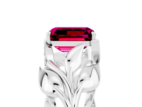 White gold Emerald Cut Solitaire Leaf-Inspired Engagement Ring with Prong Setting_5