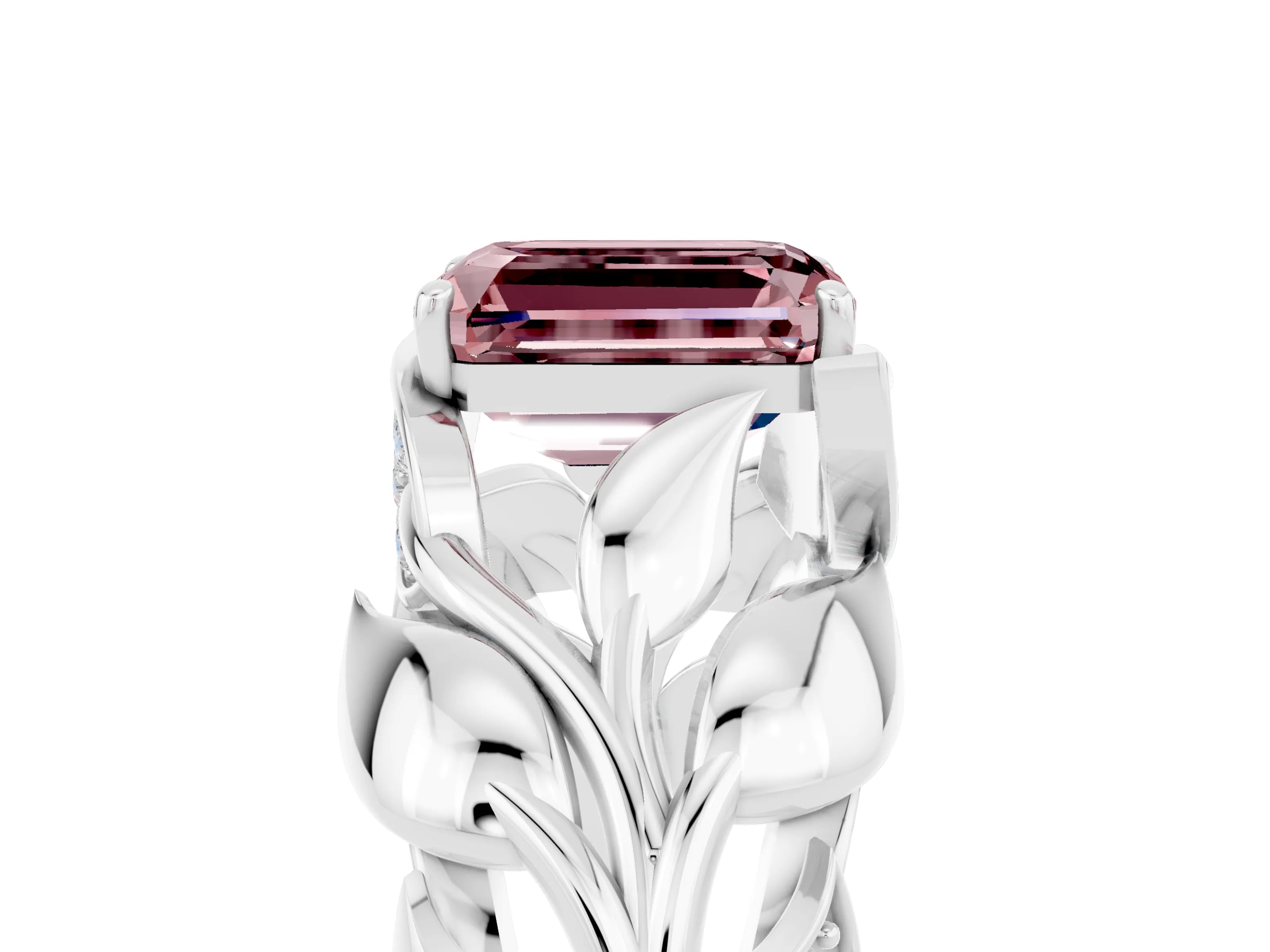 White gold Emerald Cut Solitaire Leaf-Inspired Engagement Ring with Prong Setting_5