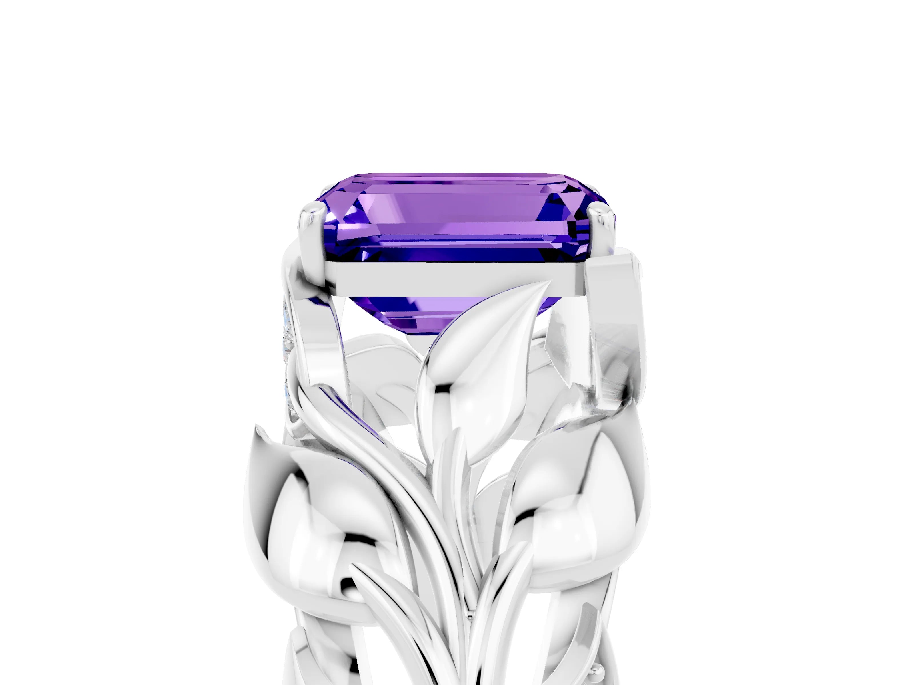 White gold Emerald Cut Solitaire Leaf-Inspired Engagement Ring with Prong Setting_5