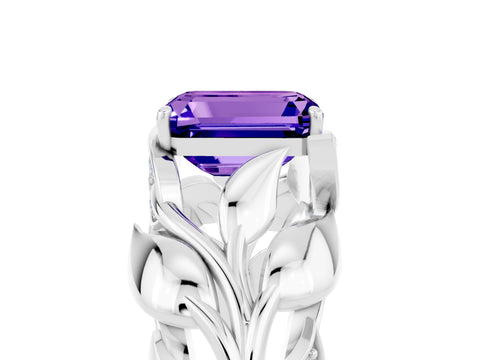 White gold Emerald Cut Solitaire Leaf-Inspired Engagement Ring with Prong Setting_5
