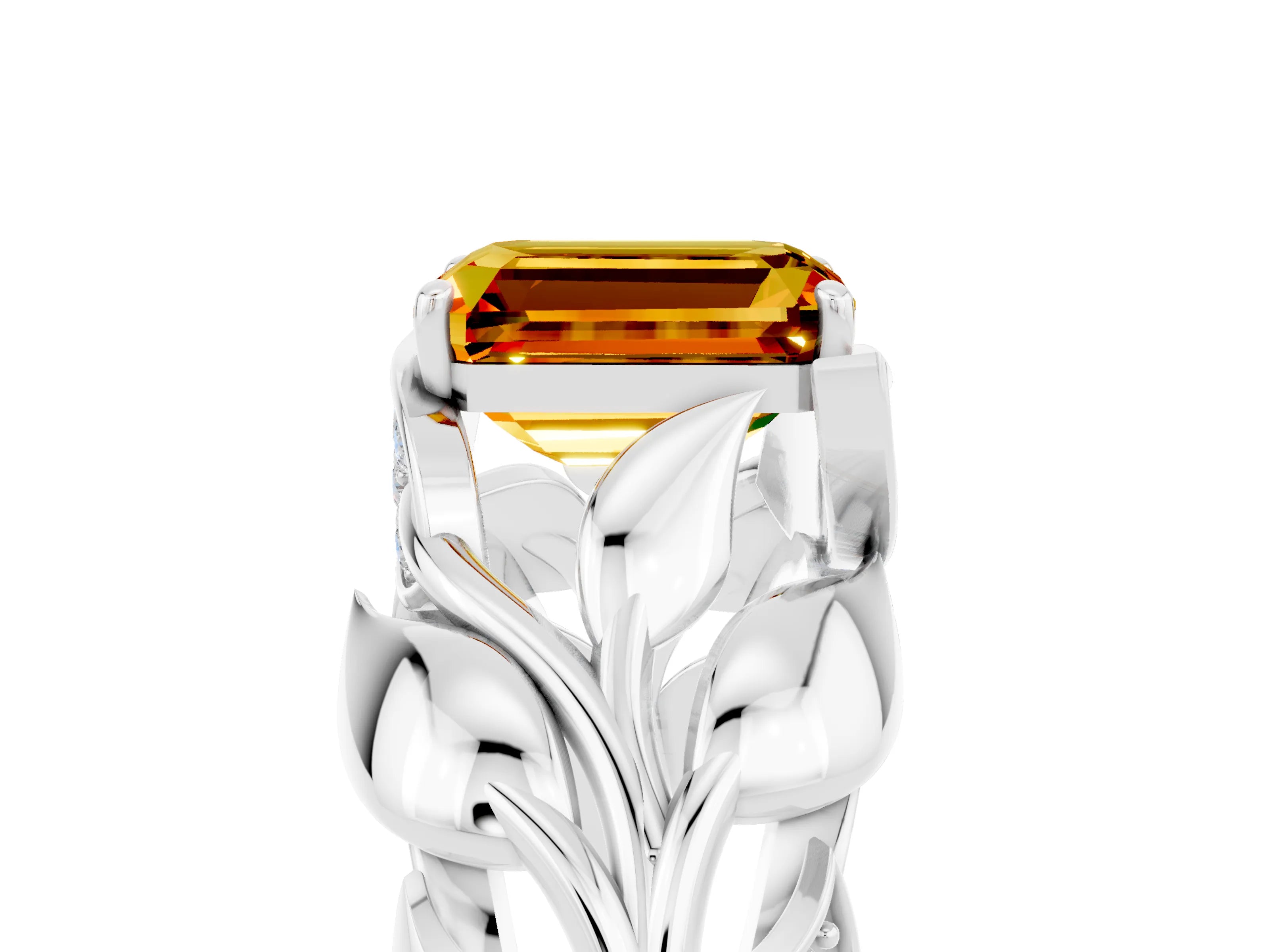 White gold Emerald Cut Solitaire Leaf-Inspired Engagement Ring with Prong Setting_5