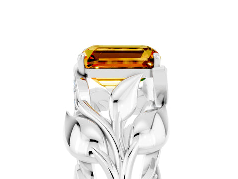 White gold Emerald Cut Solitaire Leaf-Inspired Engagement Ring with Prong Setting_5