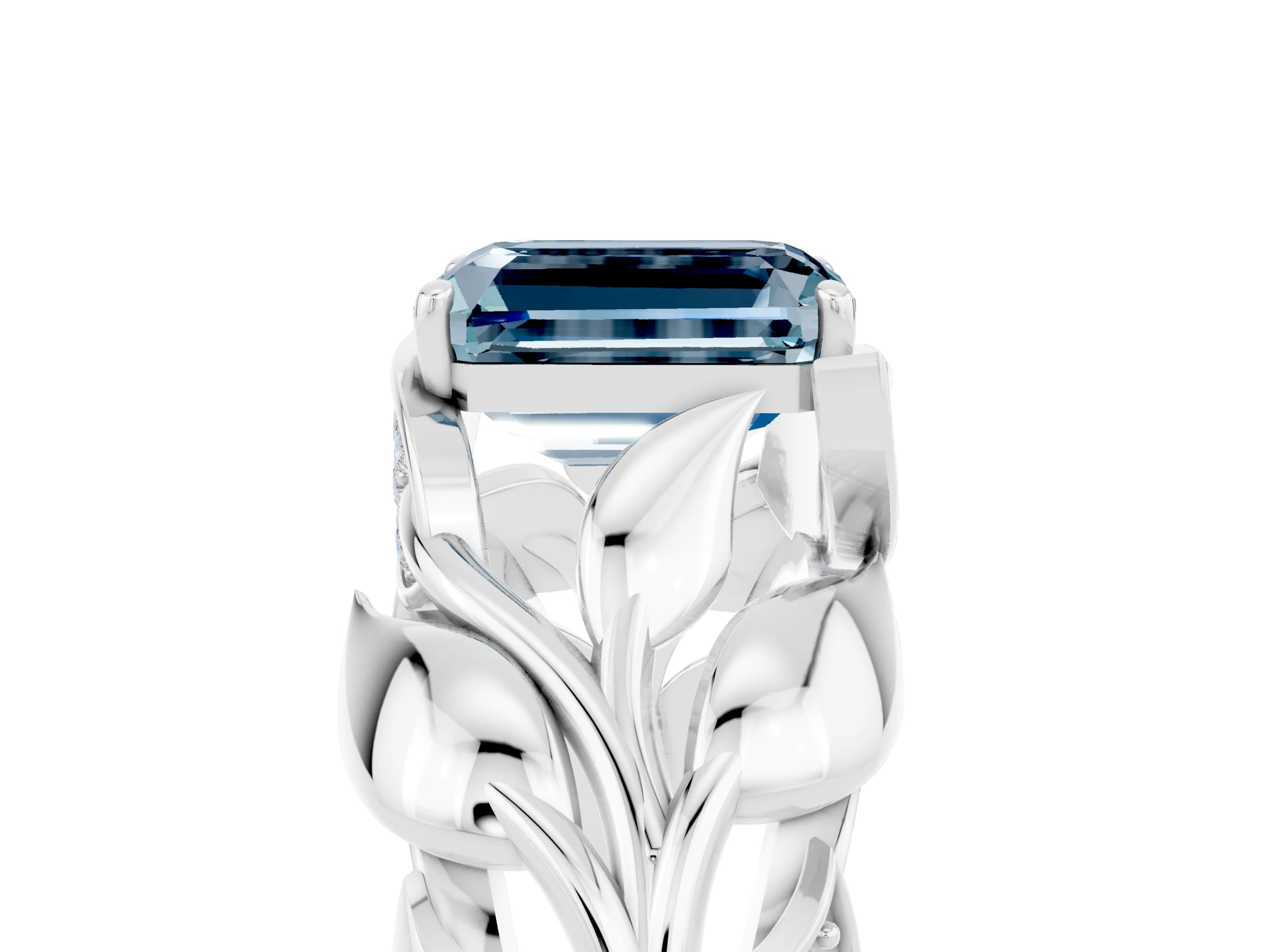 White gold Emerald Cut Solitaire Leaf-Inspired Engagement Ring with Prong Setting_5