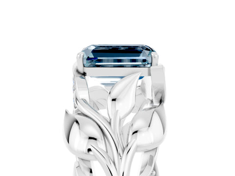 White gold Emerald Cut Solitaire Leaf-Inspired Engagement Ring with Prong Setting_5