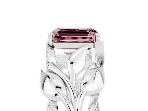 White gold Emerald Cut Solitaire Leaf-Inspired Engagement Ring with Prong Setting_5