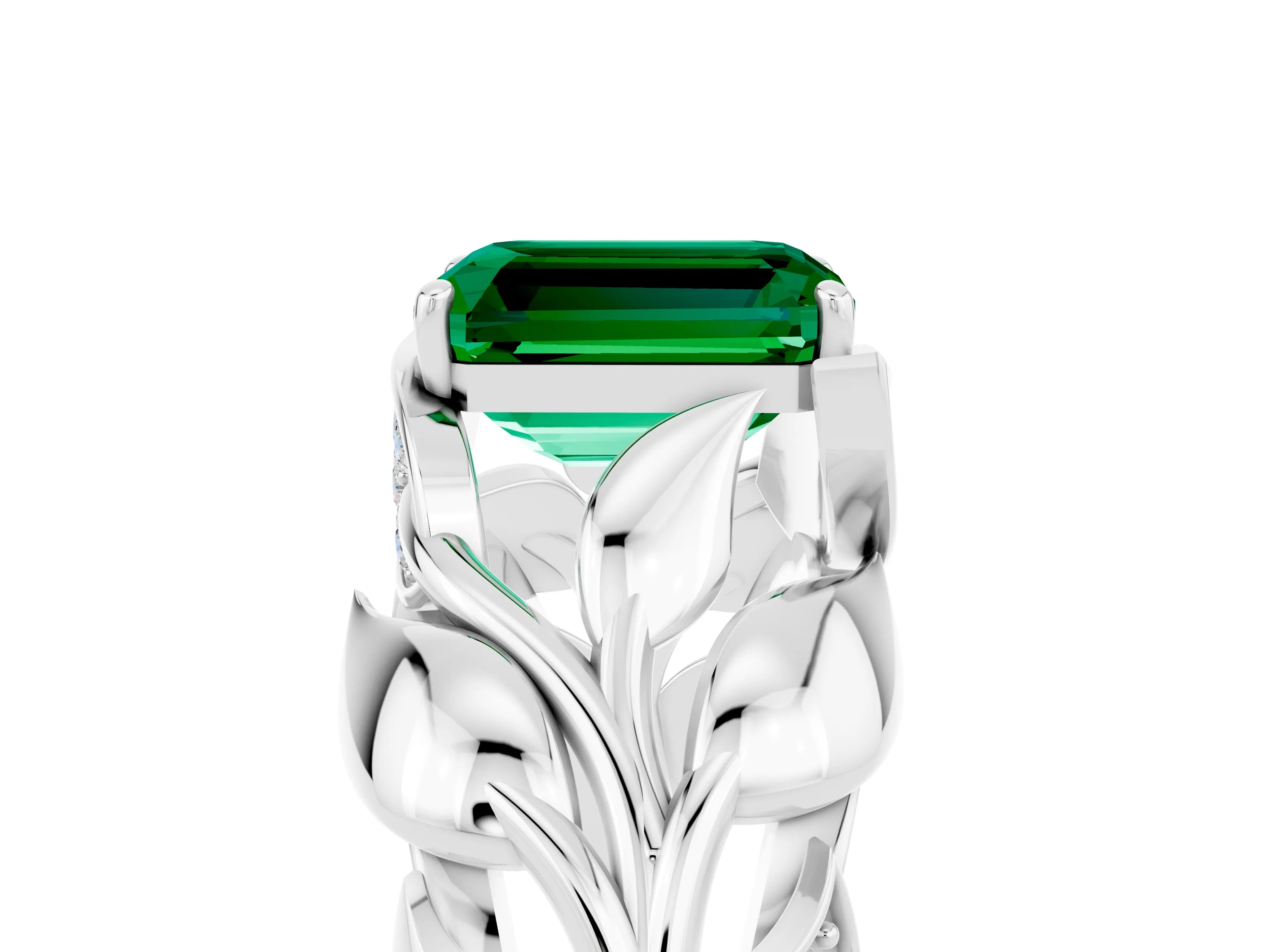 White gold Emerald Cut Solitaire Leaf-Inspired Engagement Ring with Prong Setting_5