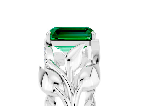 White gold Emerald Cut Solitaire Leaf-Inspired Engagement Ring with Prong Setting_5