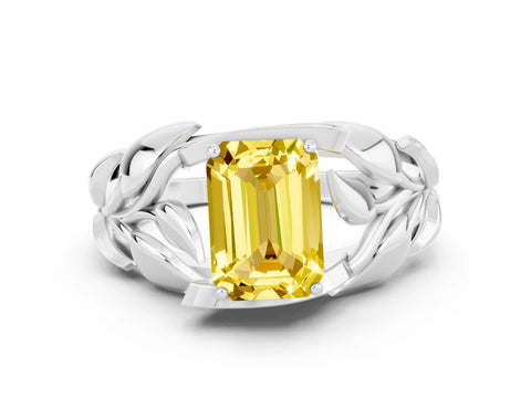 White gold Emerald Cut Solitaire Leaf-Inspired Engagement Ring with Prong Setting