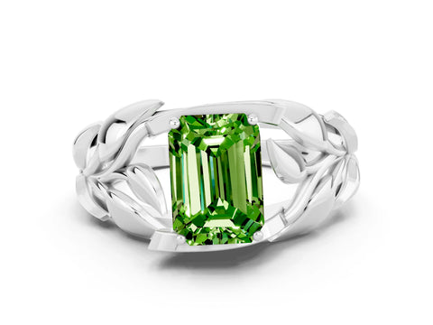 White gold Emerald Cut Solitaire Leaf-Inspired Engagement Ring with Prong Setting