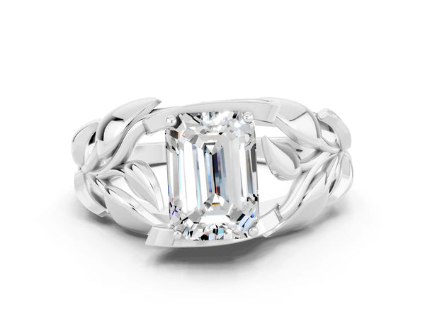 Platinum Emerald Cut Moissanite Leaf-Inspired Engagement Ring with Round Accents and Prong Setting
