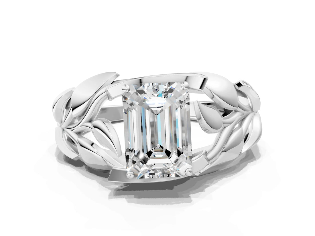 White gold Emerald Cut Solitaire Leaf-Inspired Engagement Ring with Prong Setting_7