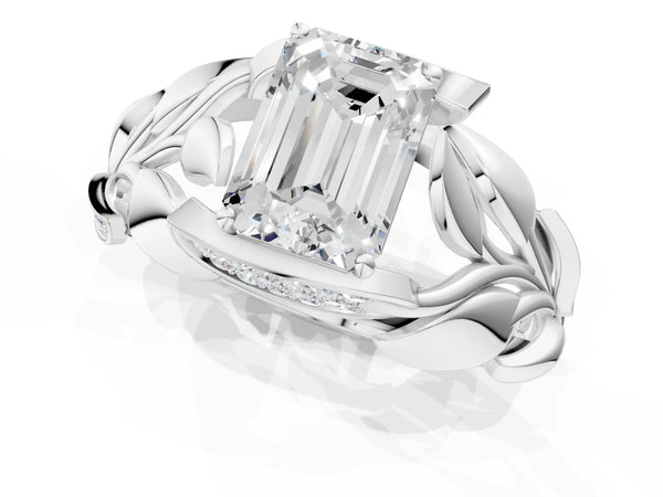White Gold Emerald Cut Leaf Bypass Engagement Ring Setting with Pave Leaf Panels