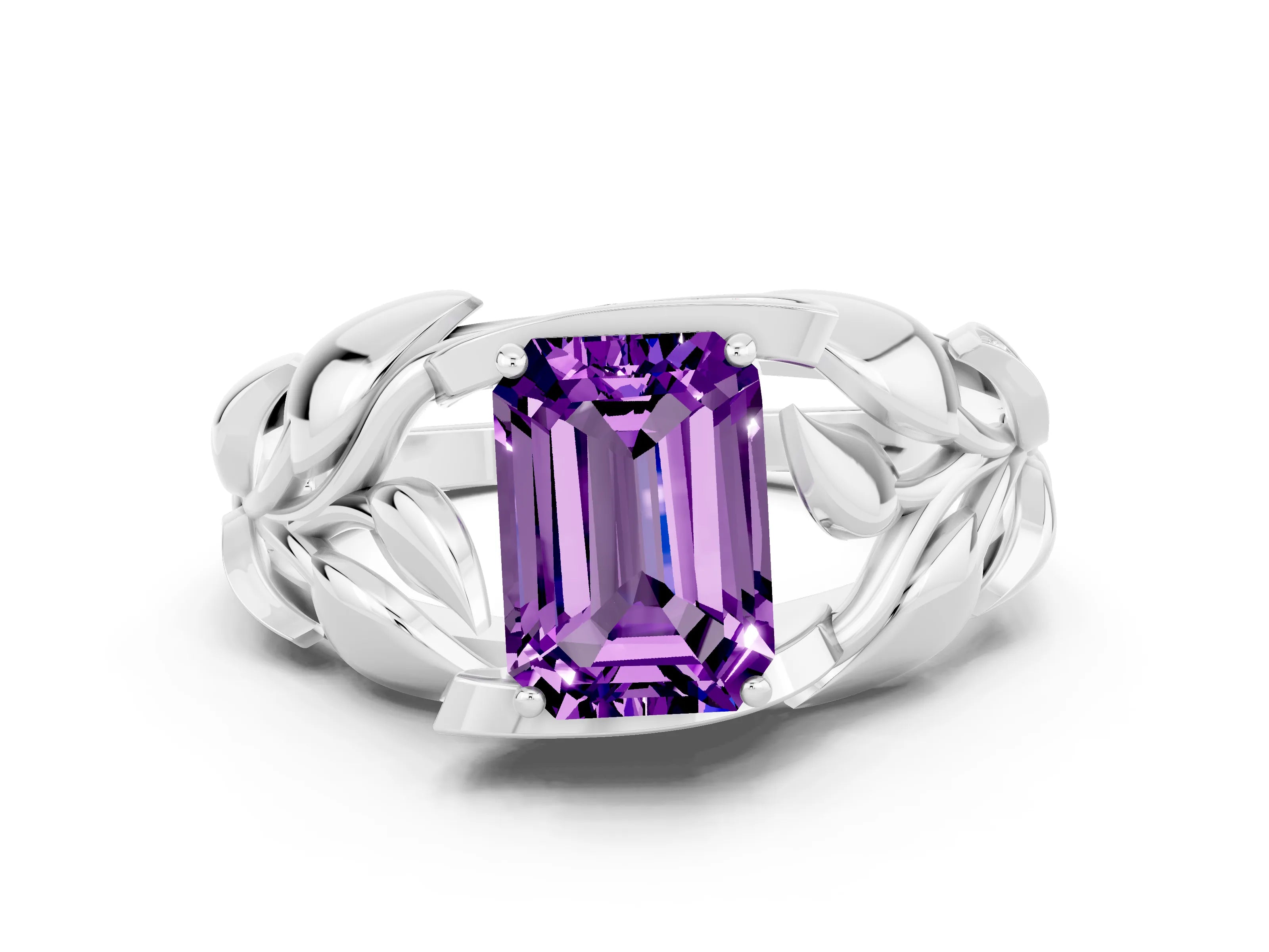 White gold Emerald Cut Solitaire Leaf-Inspired Engagement Ring with Prong Setting