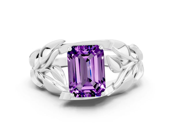 Platinum Emerald Cut Amethyst Leaf-Inspired Engagement Ring with Round Accents and Prong Setting