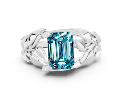 White gold Emerald Cut Solitaire Leaf-Inspired Engagement Ring with Prong Setting