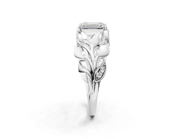White Gold Emerald Cut Leaf Bypass Engagement Ring Setting with Pave Leaf Panels