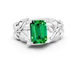White gold Emerald Cut Solitaire Leaf-Inspired Engagement Ring with Prong Setting