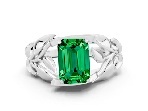 White gold Emerald Cut Solitaire Leaf-Inspired Engagement Ring with Prong Setting