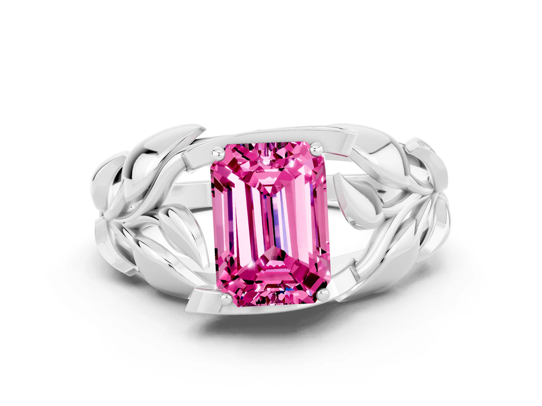 White gold Emerald Cut Solitaire Leaf-Inspired Engagement Ring with Prong Setting