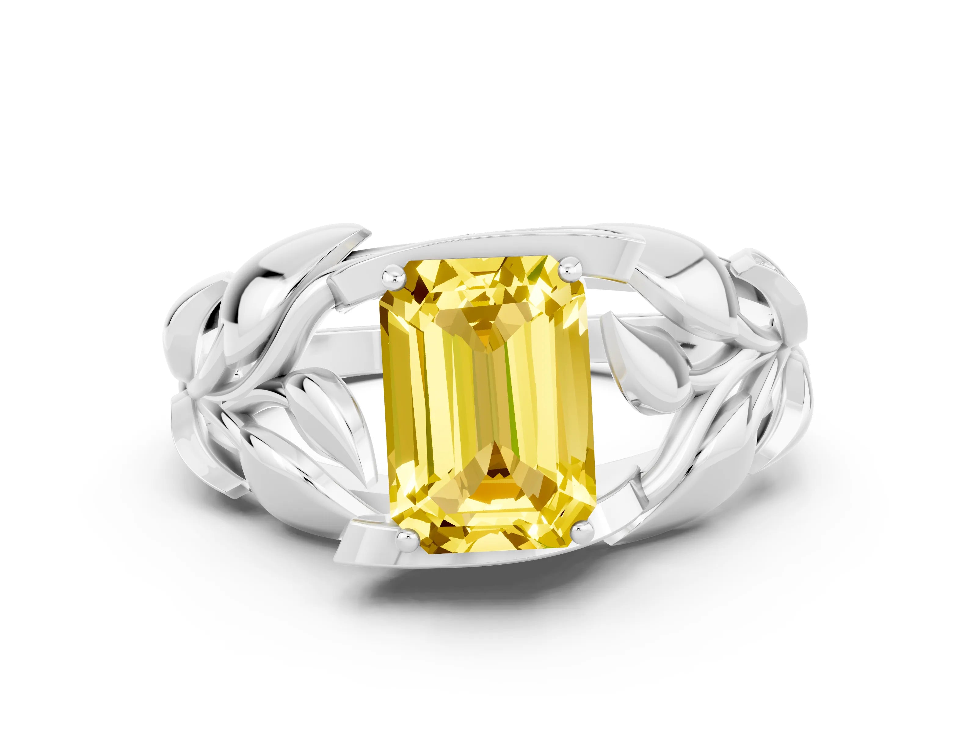 White gold Emerald Cut Solitaire Leaf-Inspired Engagement Ring with Prong Setting