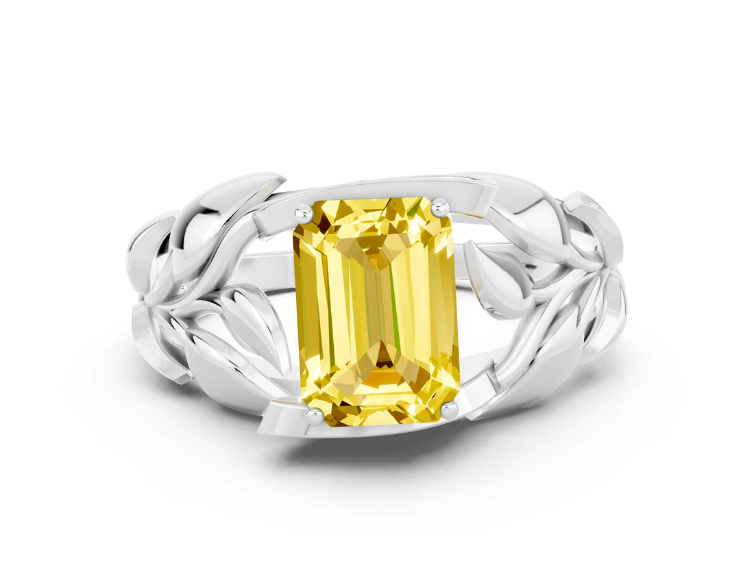 White gold Emerald Cut Solitaire Leaf-Inspired Engagement Ring with Prong Setting