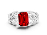 White gold Emerald Cut Solitaire Leaf-Inspired Engagement Ring with Prong Setting