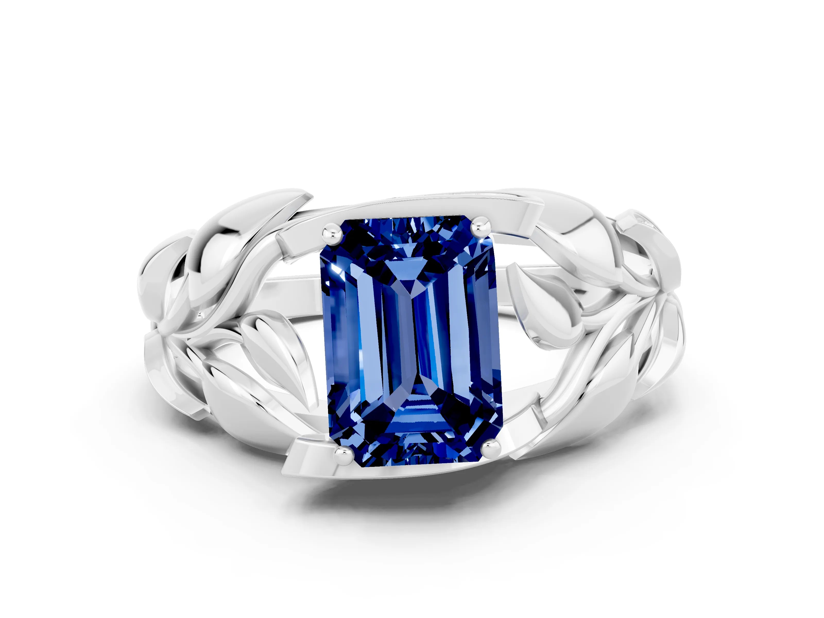 White gold Emerald Cut Solitaire Leaf-Inspired Engagement Ring with Prong Setting