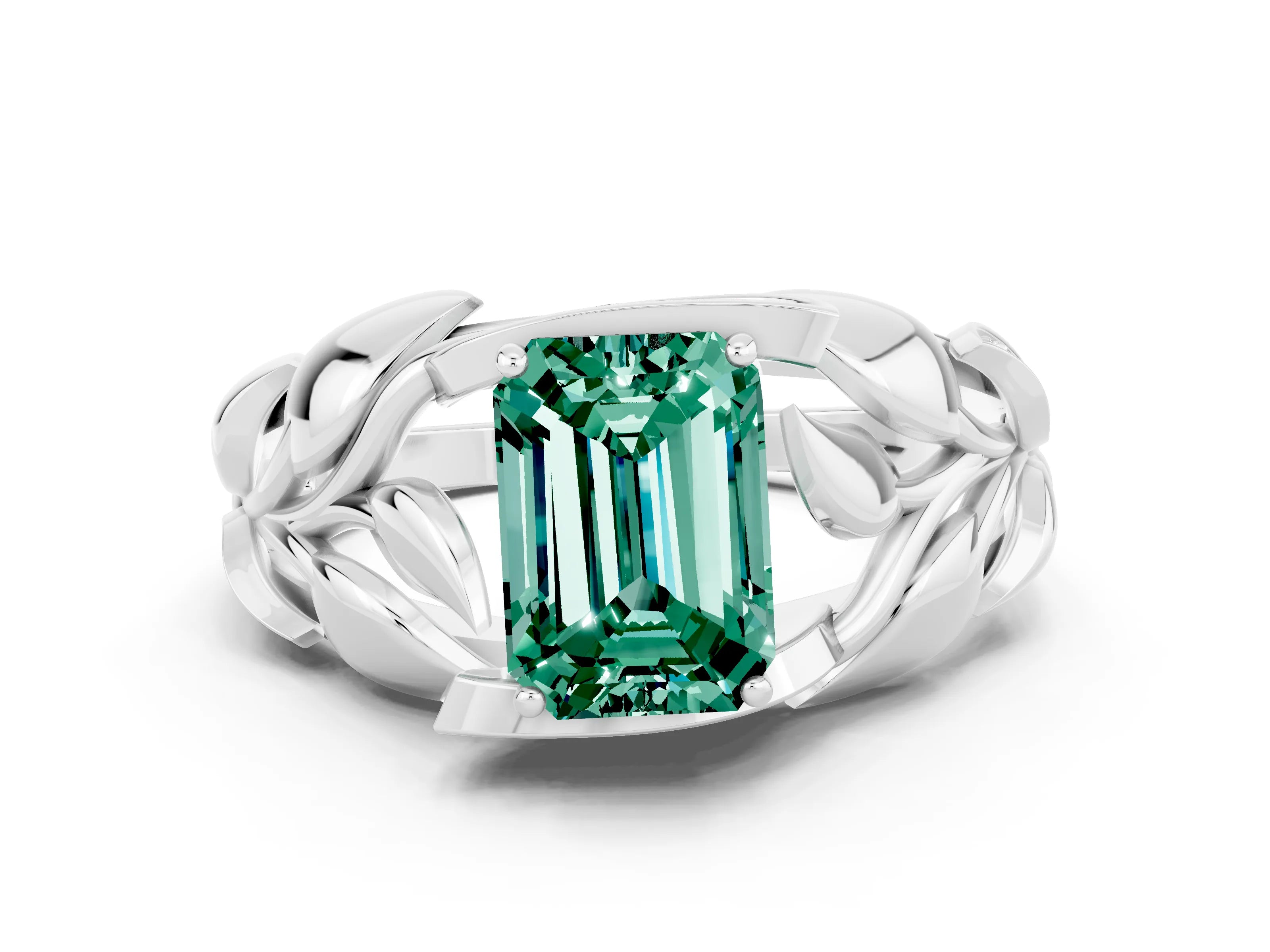 White gold Emerald Cut Solitaire Leaf-Inspired Engagement Ring with Prong Setting