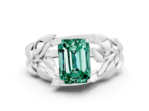 White gold Emerald Cut Solitaire Leaf-Inspired Engagement Ring with Prong Setting