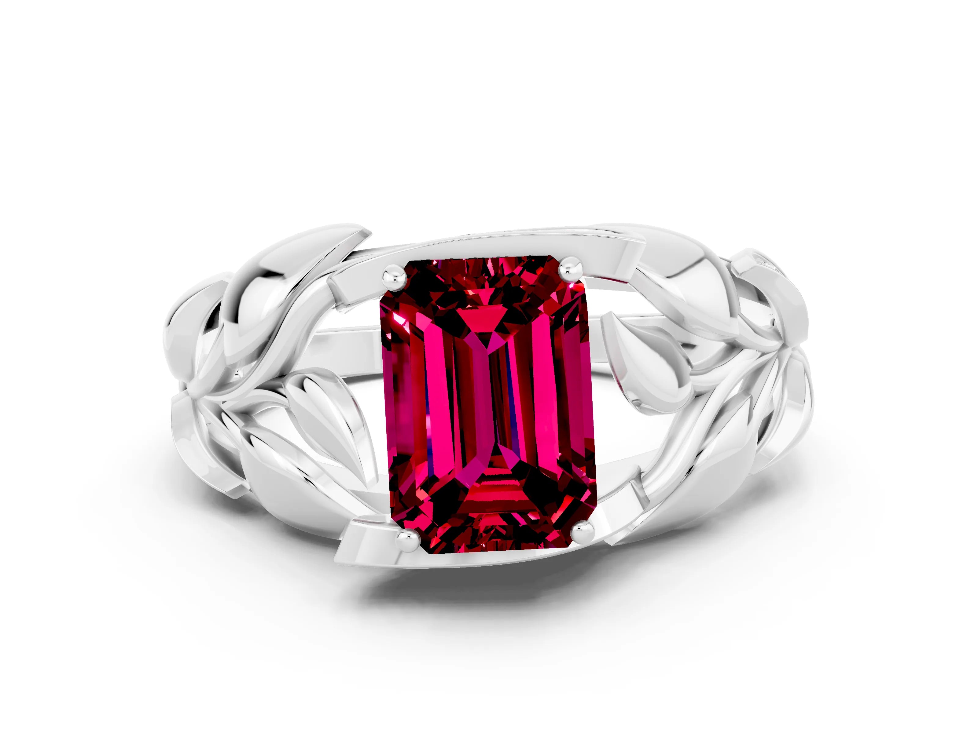 White gold Emerald Cut Solitaire Leaf-Inspired Engagement Ring with Prong Setting