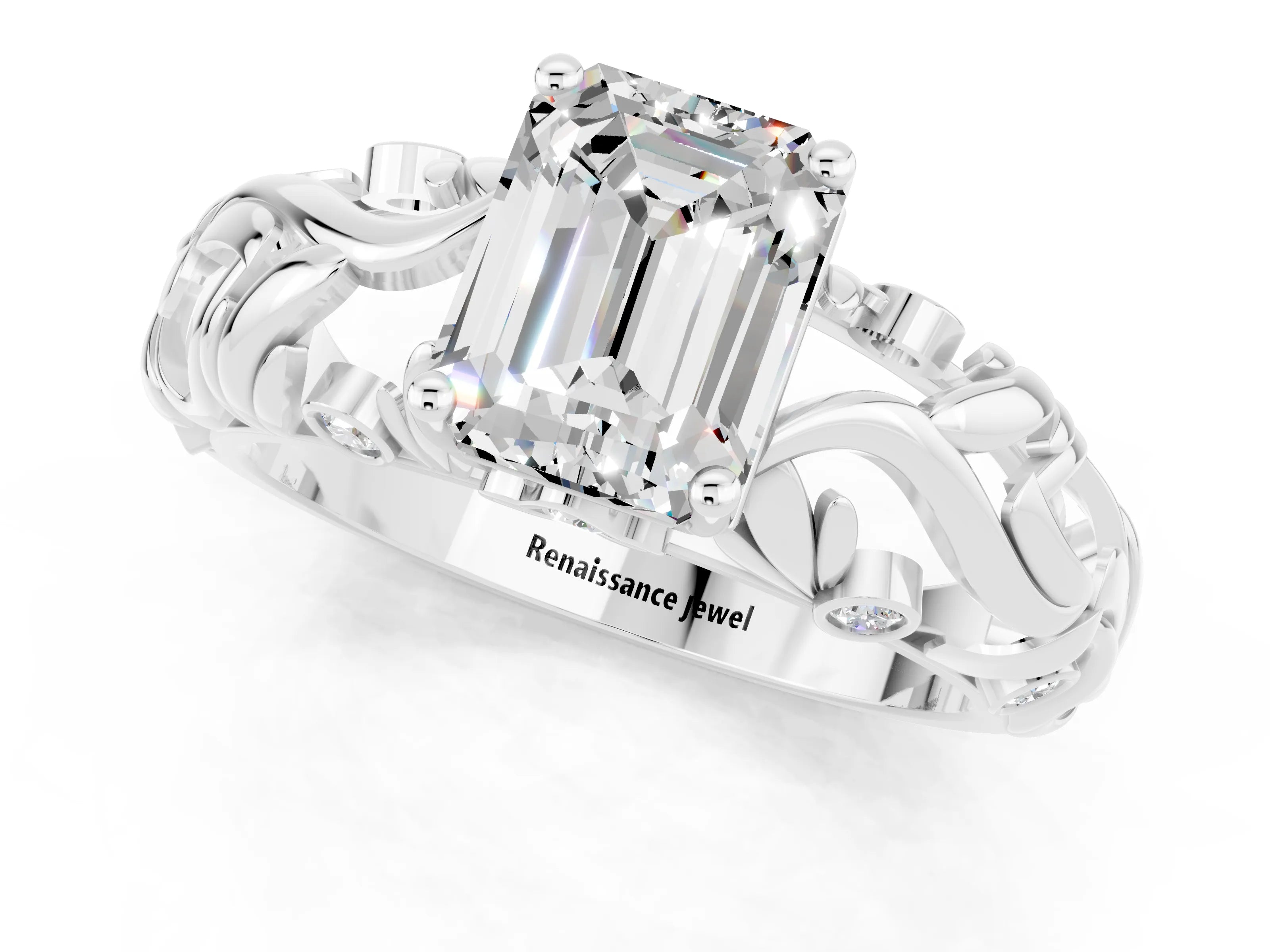 White gold Emerald Cut Solitaire Moissanite Leaf-Inspired Vine Band Ring with Prong Setting_1