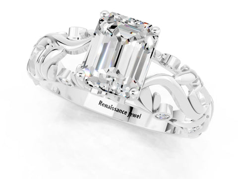 White gold Emerald Cut Solitaire Moissanite Leaf-Inspired Vine Band Ring with Prong Setting_1