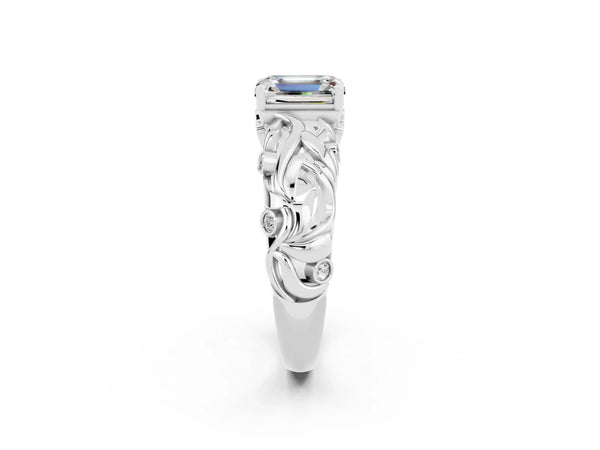 White gold Emerald Cut Solitaire Moissanite Leaf-Inspired Vine Band Ring with Prong Setting