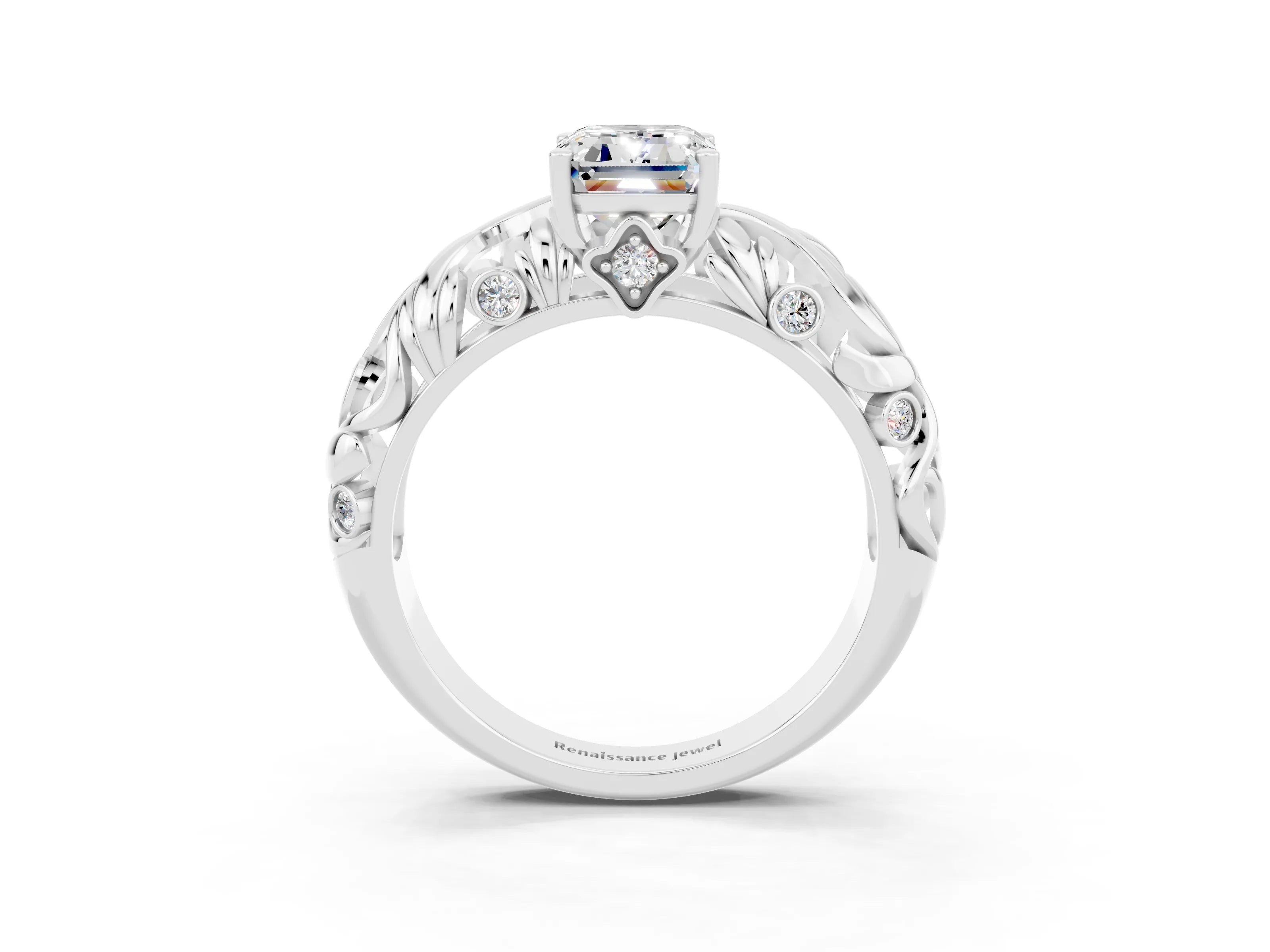 White gold Emerald Cut Solitaire Moissanite Leaf-Inspired Vine Band Ring with Prong Setting_3