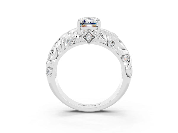 White gold Emerald Cut Solitaire Moissanite Leaf-Inspired Vine Band Ring with Prong Setting