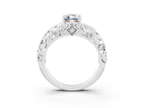 White gold Emerald Cut Solitaire Moissanite Leaf-Inspired Vine Band Ring with Prong Setting_3