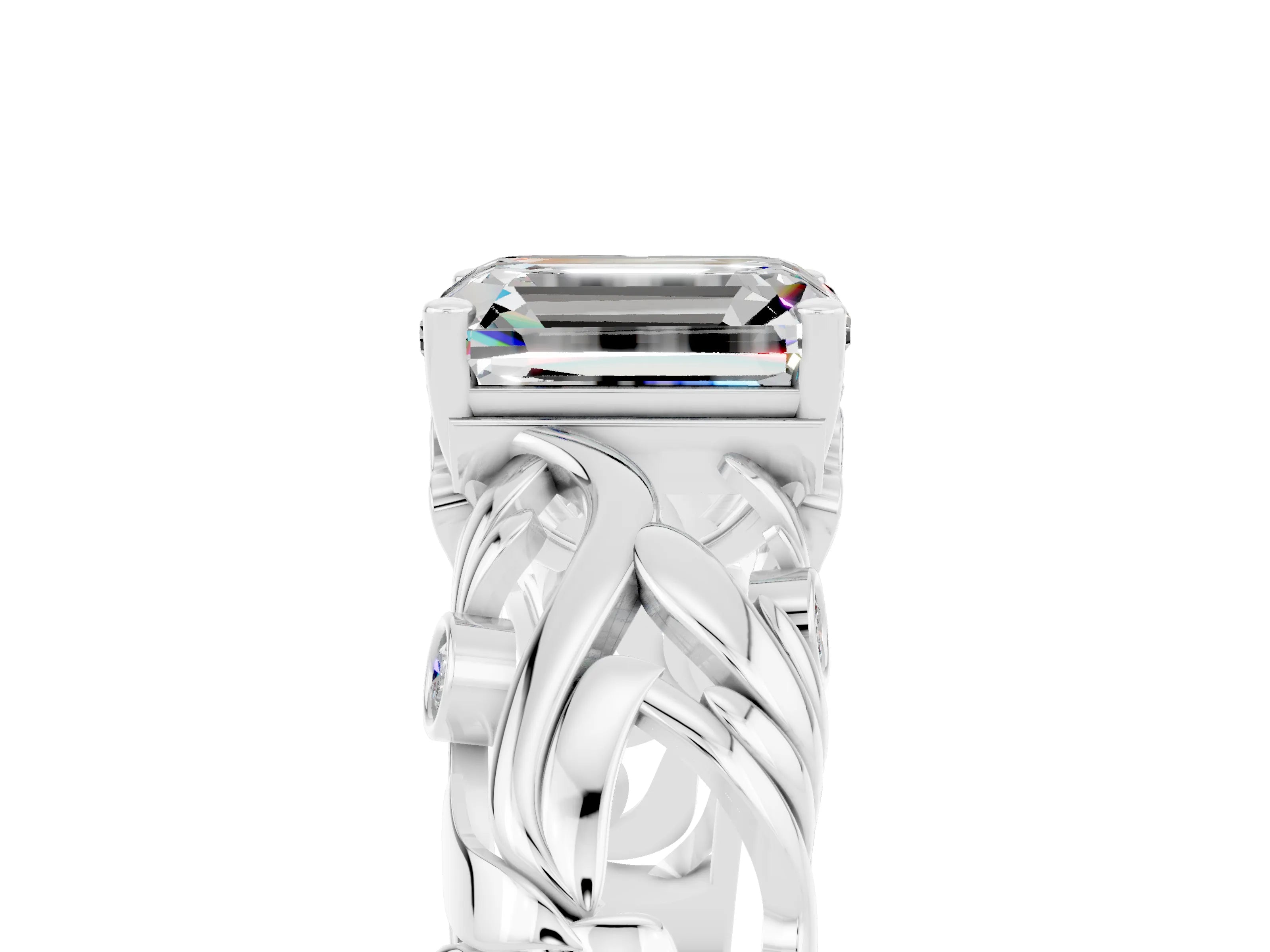 White gold Emerald Cut Solitaire Moissanite Leaf-Inspired Vine Band Ring with Prong Setting_5