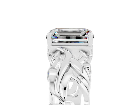 White gold Emerald Cut Solitaire Moissanite Leaf-Inspired Vine Band Ring with Prong Setting_5