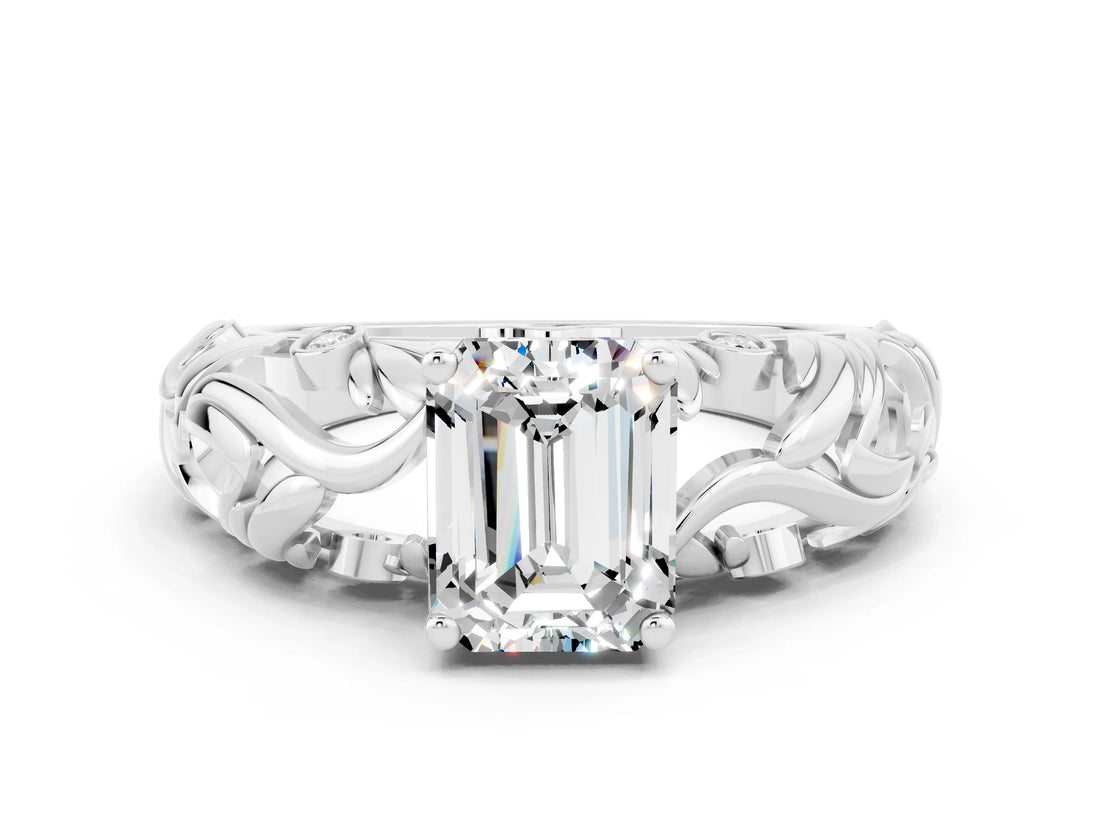 White gold Emerald Cut Solitaire Moissanite Leaf-Inspired Vine Band Ring with Prong Setting