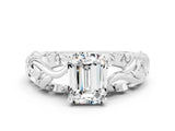 White gold Emerald Cut Solitaire Moissanite Leaf-Inspired Vine Band Ring with Prong Setting