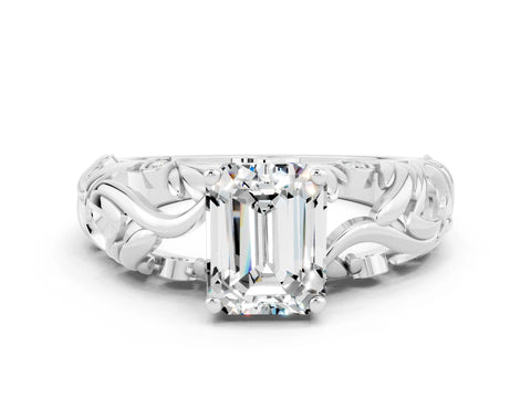 White gold Emerald Cut Solitaire Moissanite Leaf-Inspired Vine Band Ring with Prong Setting