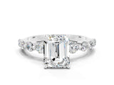White gold Emerald Cut Solitaire Moissanite Ring with Pave Band and Four-Prong Setting