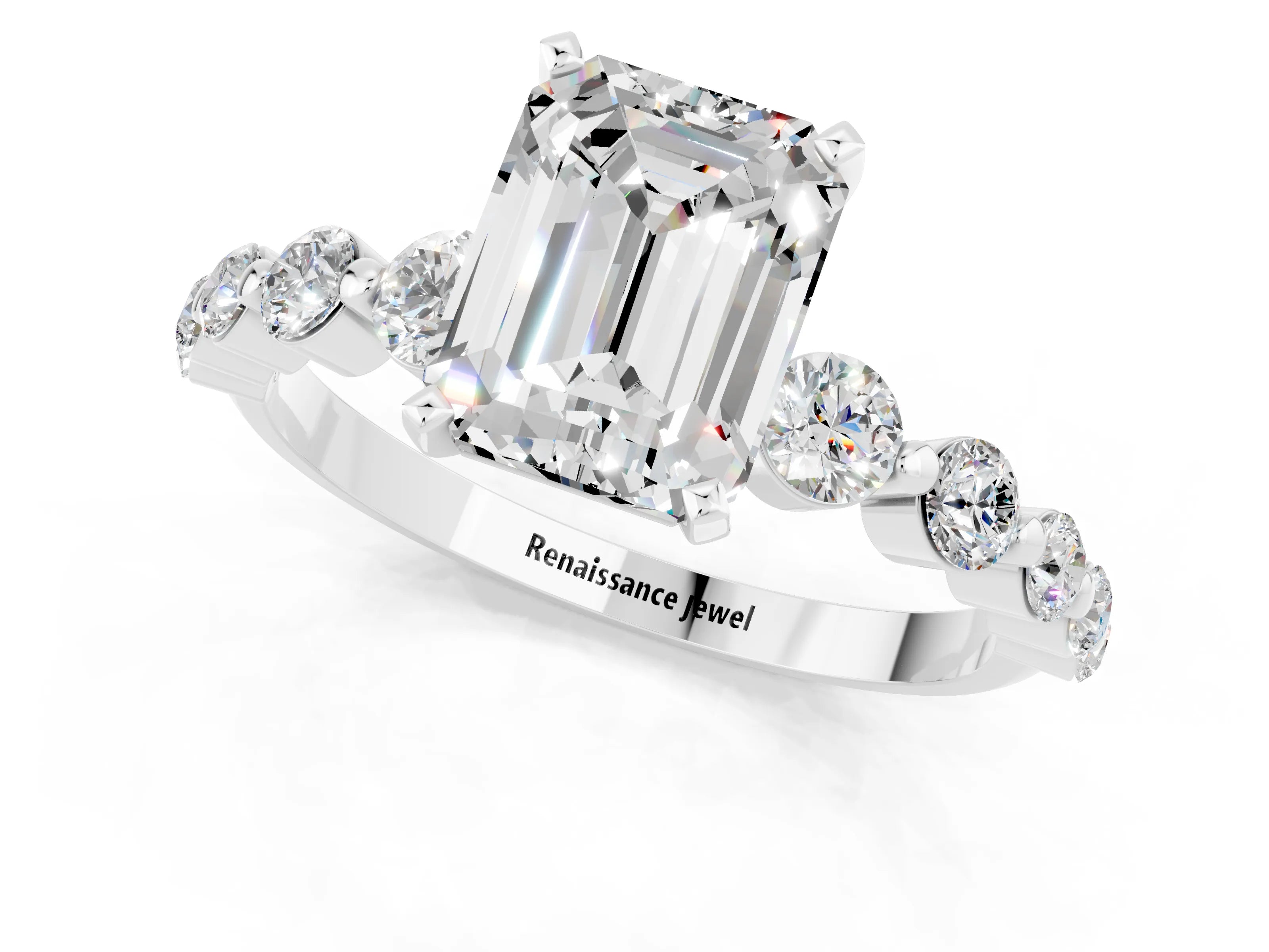 White gold Emerald Cut Solitaire Moissanite Ring with Pave Band and Four-Prong Setting_1