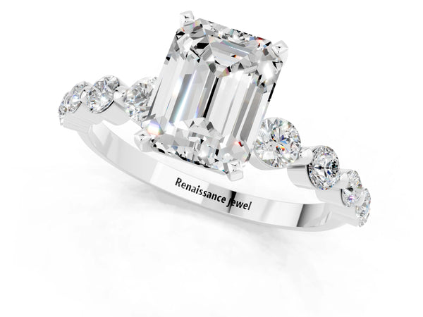 Platinum Emerald Cut Solitaire Moissanite Ring with Pave Band and Four-Prong Setting