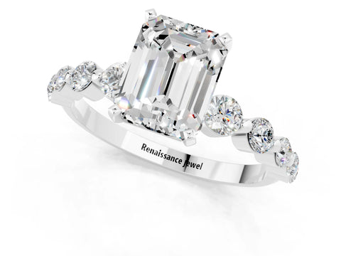 White gold Emerald Cut Solitaire Moissanite Ring with Pave Band and Four-Prong Setting_1