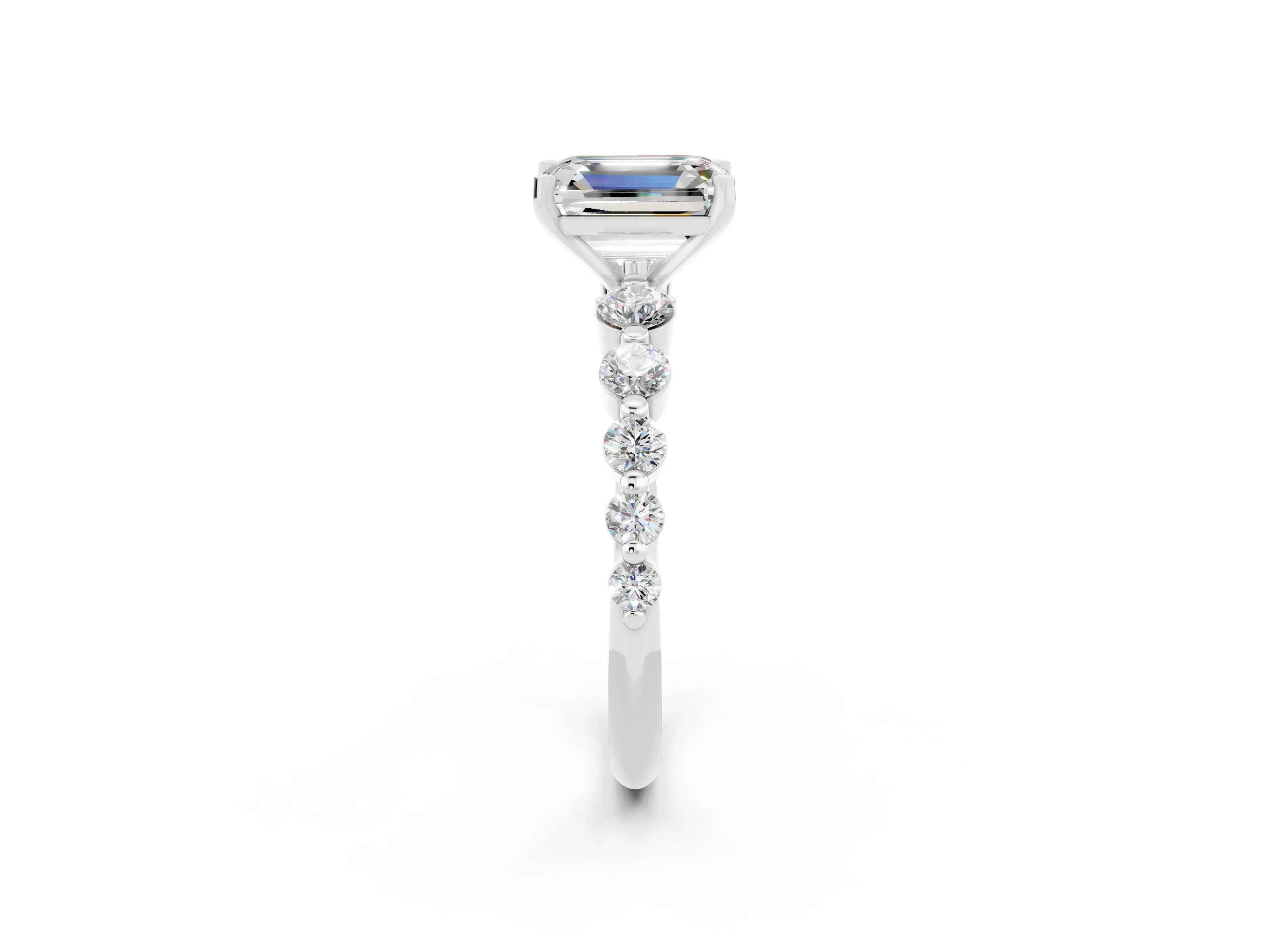 White gold Emerald Cut Solitaire Moissanite Ring with Pave Band and Four-Prong Setting_2